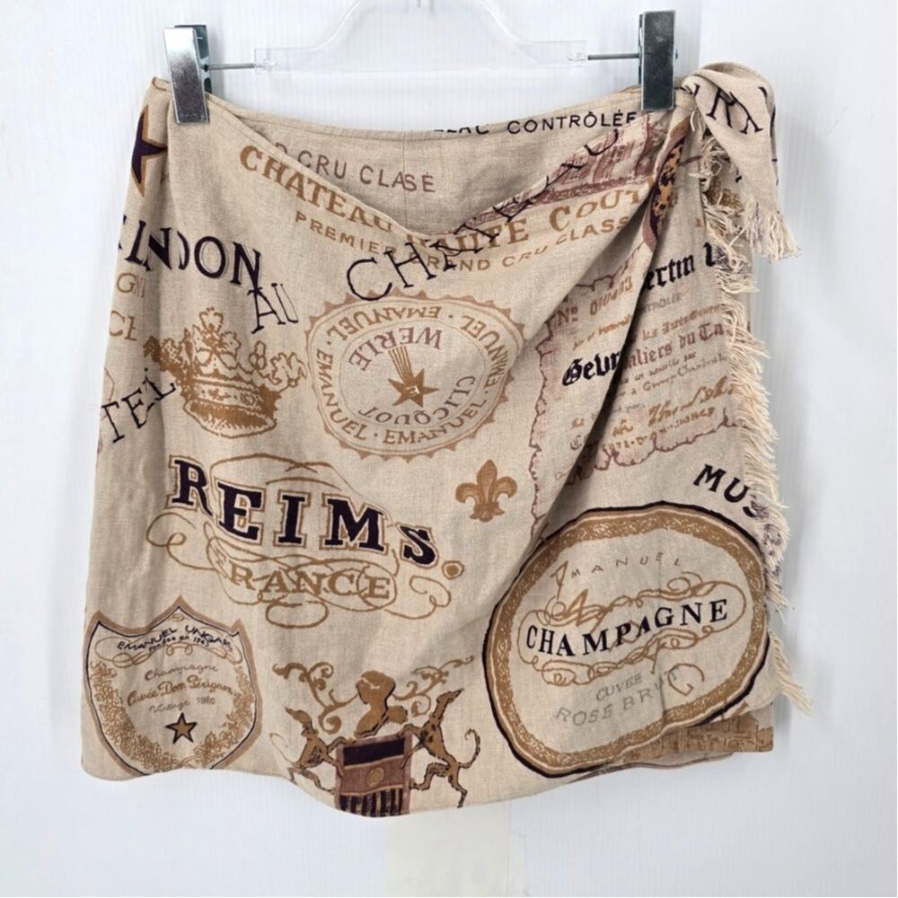 Vintage 90s Emanuel Ungaro Linen Wrap Skirt French Wine Champagne Print 12